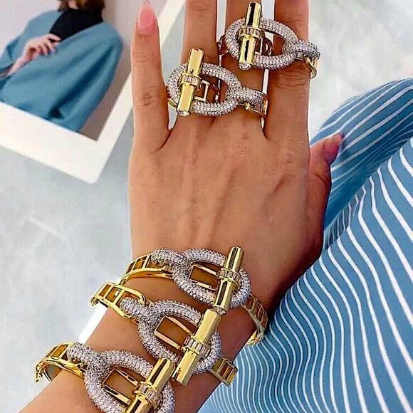 Gold Zircon Bangle Bracelet Two Finger Ring Set Luxury 18K Gold Plated - Picture 8 of 15